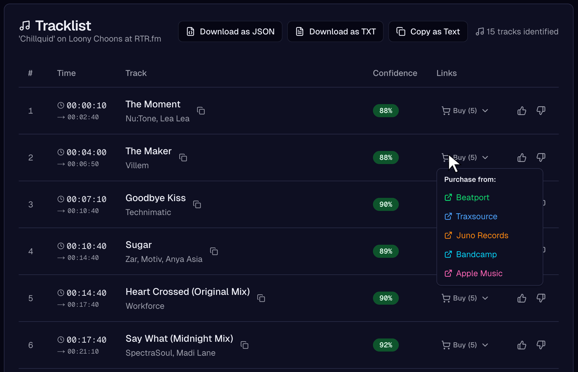 Scanamix tracklistresultaten met geïdentificeerde tracks, tijdstempels, artiesten en betrouwbaarheidsscores